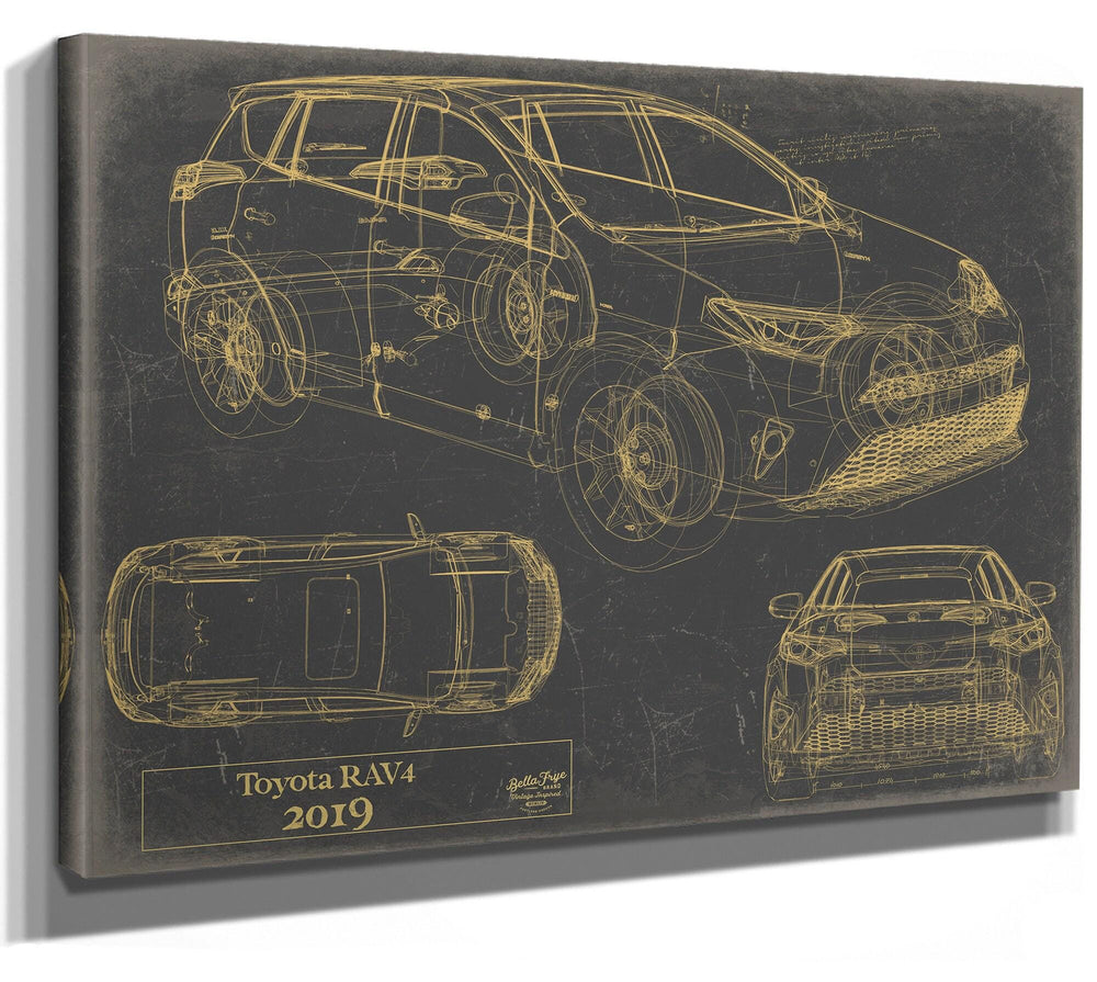 Cutler West 2019 Toyota RAV4 technical blueprint drawing in gold lines on grey stretched canvas showing side, top, and front views