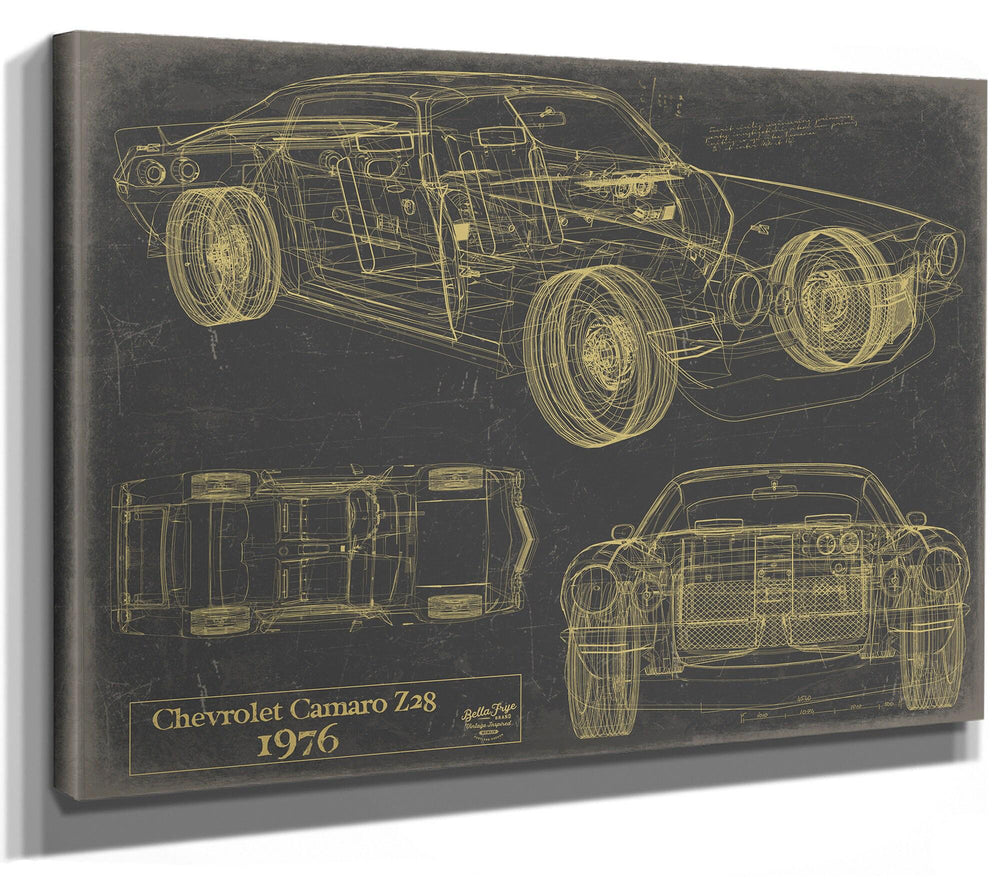 Cutler West 1976 Chevrolet Camaro Z28 technical blueprint on grey stretched canvas wrap