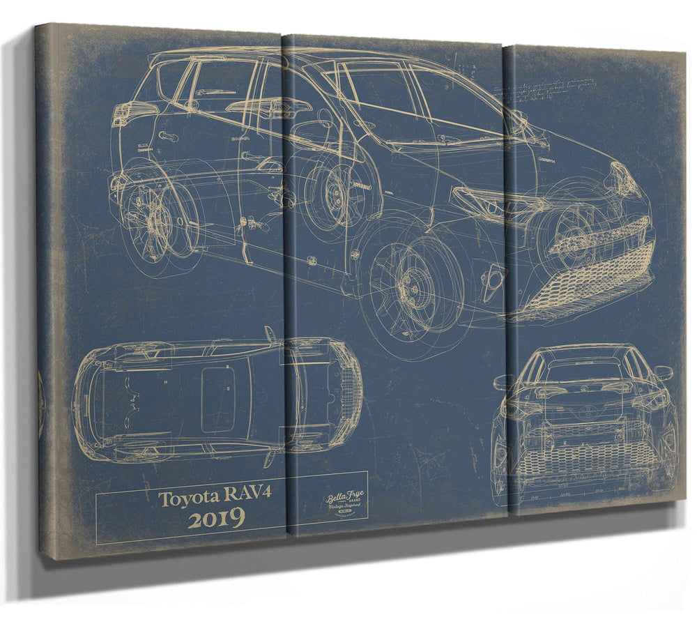 Cutler West 2019 Toyota RAV4 technical blueprint drawing in gold lines on grey stretched canvas showing side, top, and front views