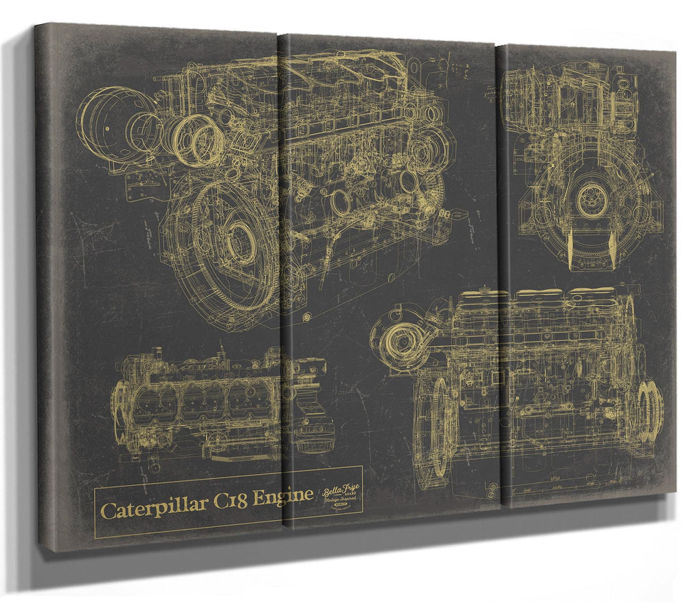Cutler West Caterpillar Cr8 Engine blueprint print on stretched canvas wrap with blue background showing multiple engine views