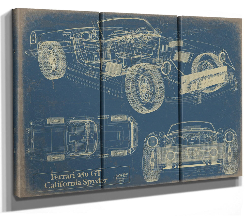 Cutler West Ferrari 250 GT California Spyder technical blueprint on brown stretched canvas wrap showing multiple vehicle views