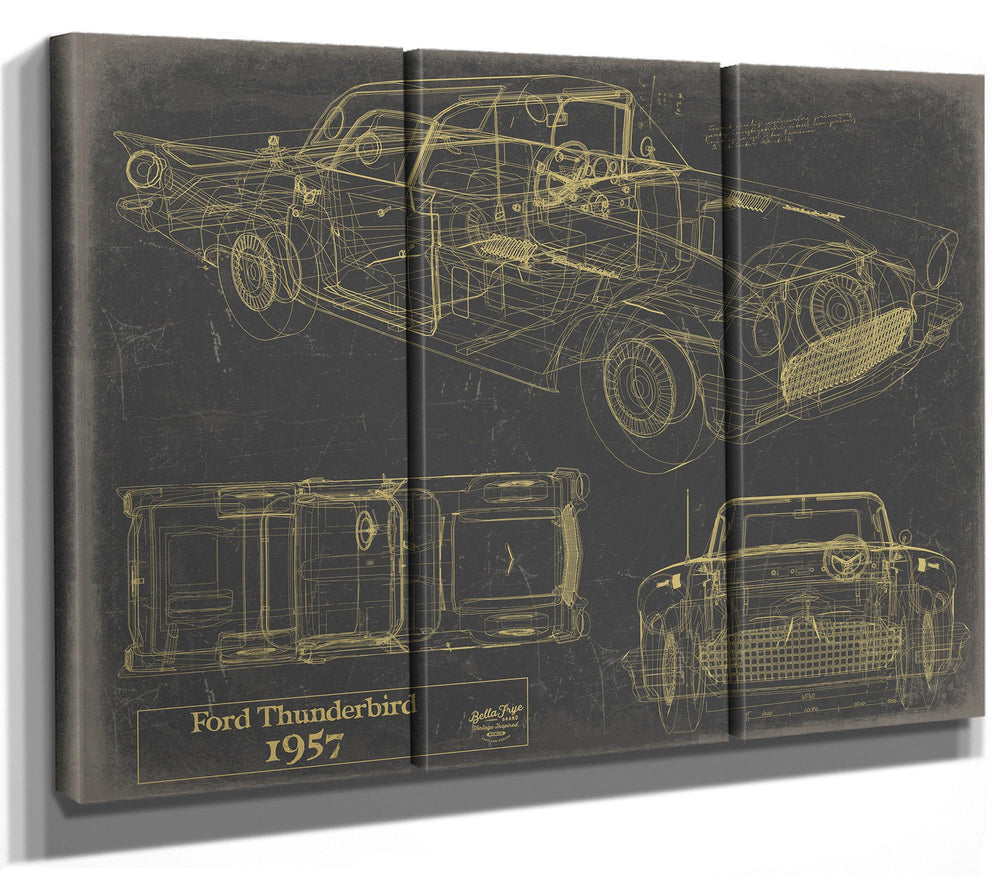 Cutler West 1957 Ford Thunderbird blueprint technical drawing on brown canvas wrap showing side, top and front views