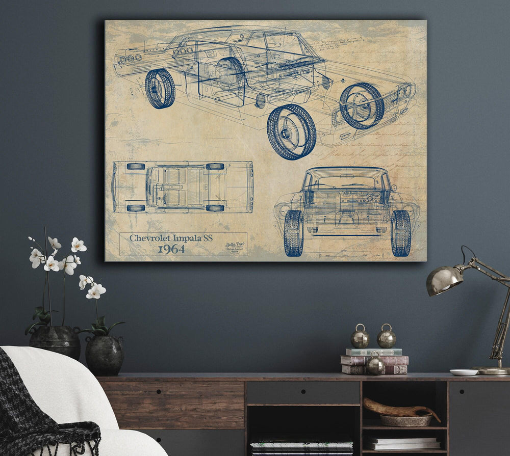 Cutler West 1964 Chevrolet Impala SS blueprint print on blue stretched canvas showing side, top, and front views