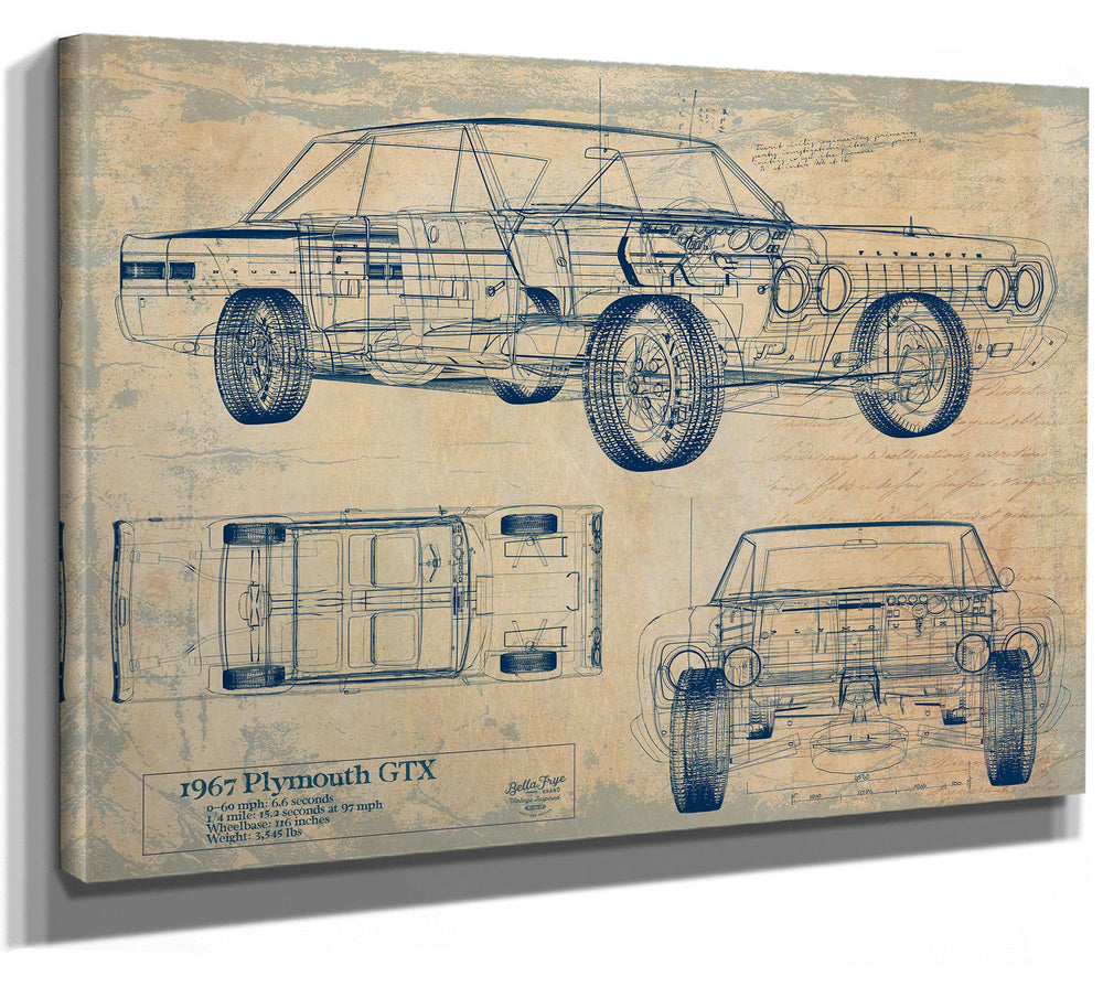 Cutler West 1967 Plymouth GTX blueprint with side, top, and front views on brown canvas wrap