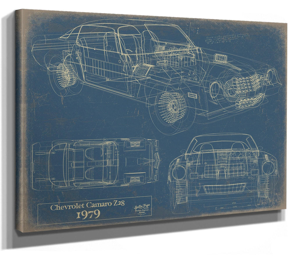 Cutler West 1979 Chevrolet Camaro Z28 technical blueprint on blue stretched canvas with three vehicle angles