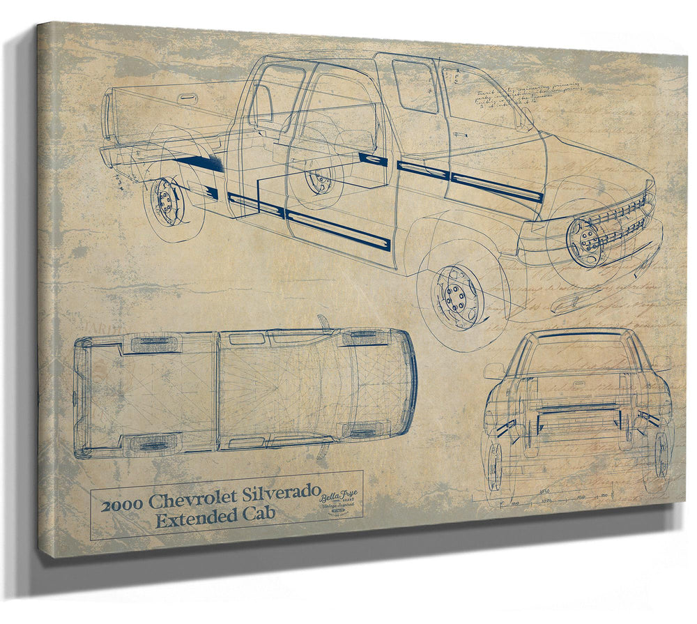 Cutler West 2000 Chevrolet Silverado Extended Cab technical blueprint on brown canvas wrap with multiple vehicle views