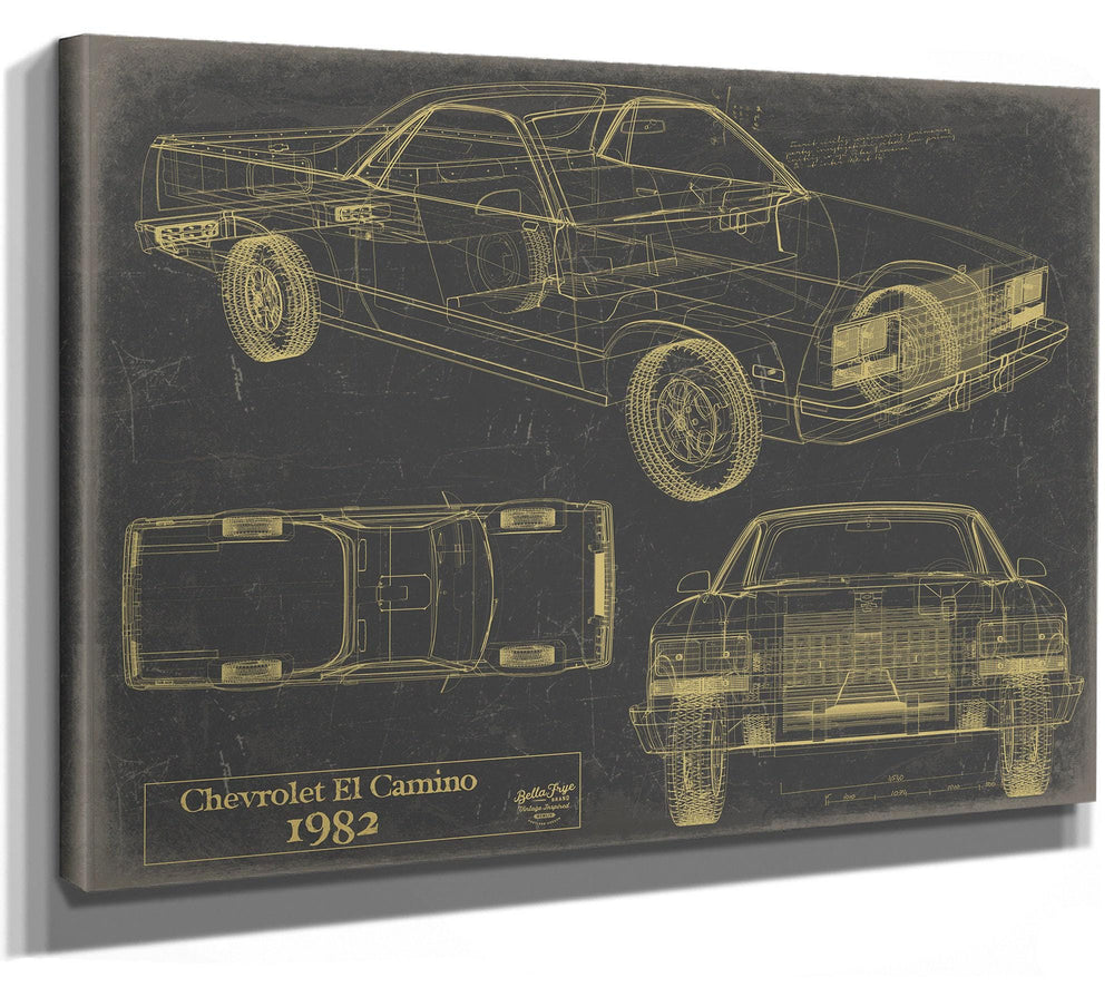 Cutler West 1982 Chevrolet El Camino blueprint with side, top, and front views in gold lines on grey stretched canvas
