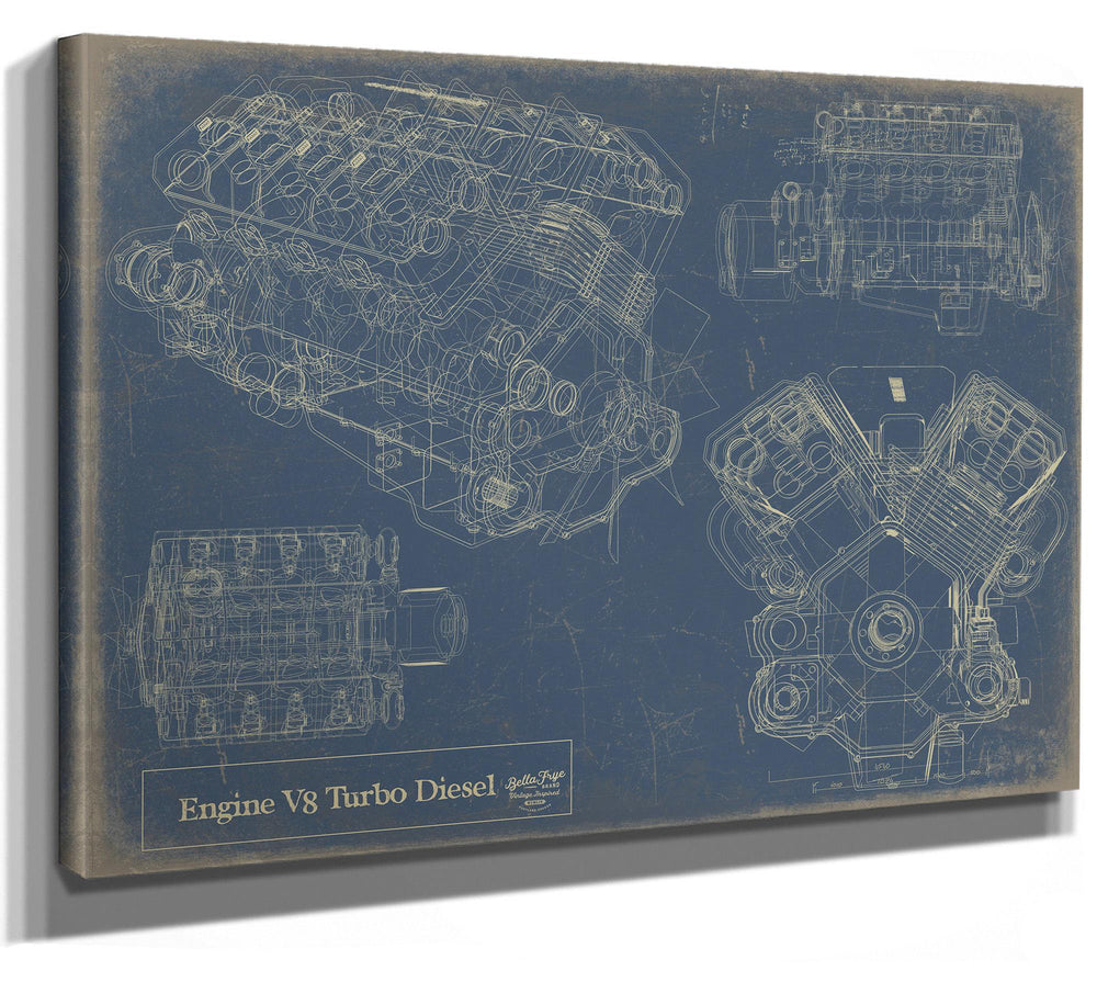 Cutler West Engine V8 Turbo Diesel blueprint technical drawings on blue stretched canvas