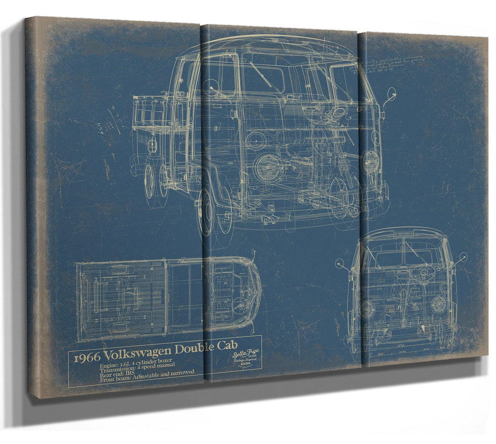 Cutler West 1966 Volkswagen Double Cab technical blueprint on grey stretched canvas with three vehicle views