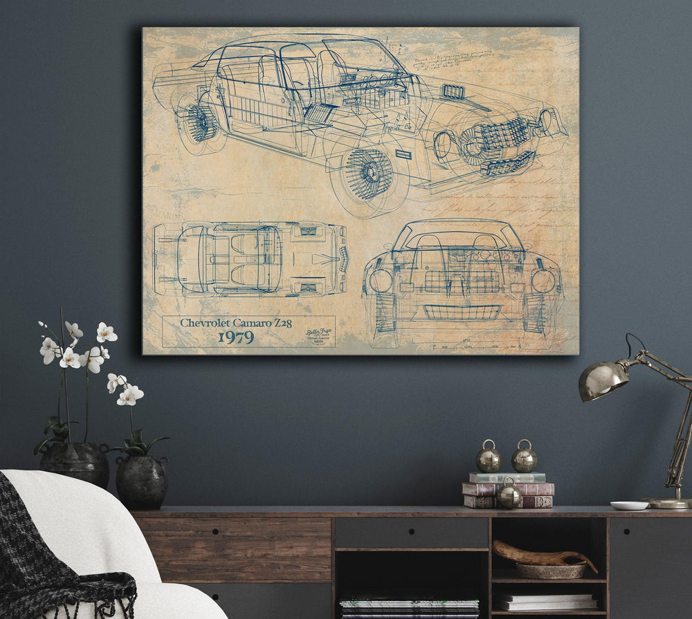 Cutler West 1979 Chevrolet Camaro Z28 technical blueprint on blue stretched canvas with three vehicle angles