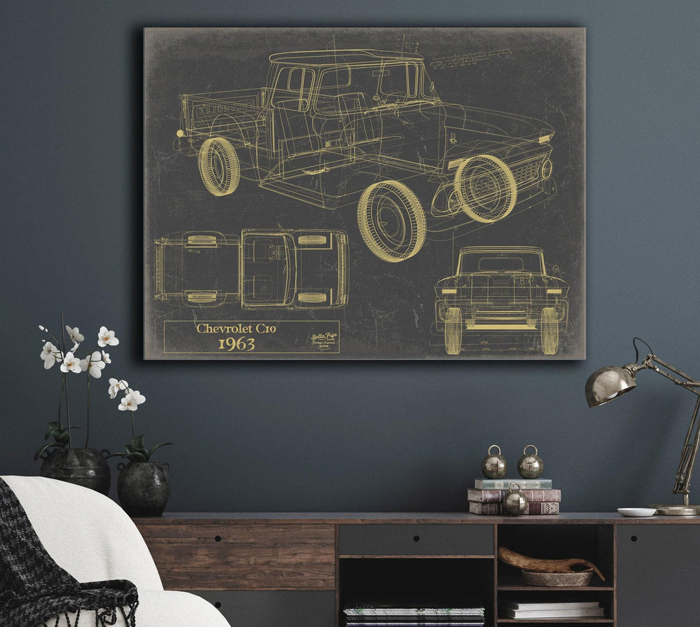 Cutler West 1963 Chevrolet C10 blueprint art on stretched canvas wrap with classic blue background