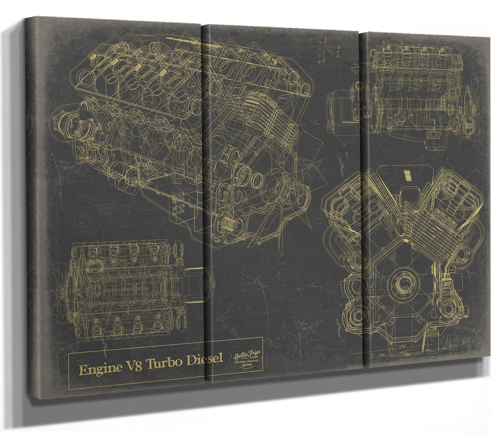 Cutler West Engine V8 Turbo Diesel blueprint technical drawings on blue stretched canvas