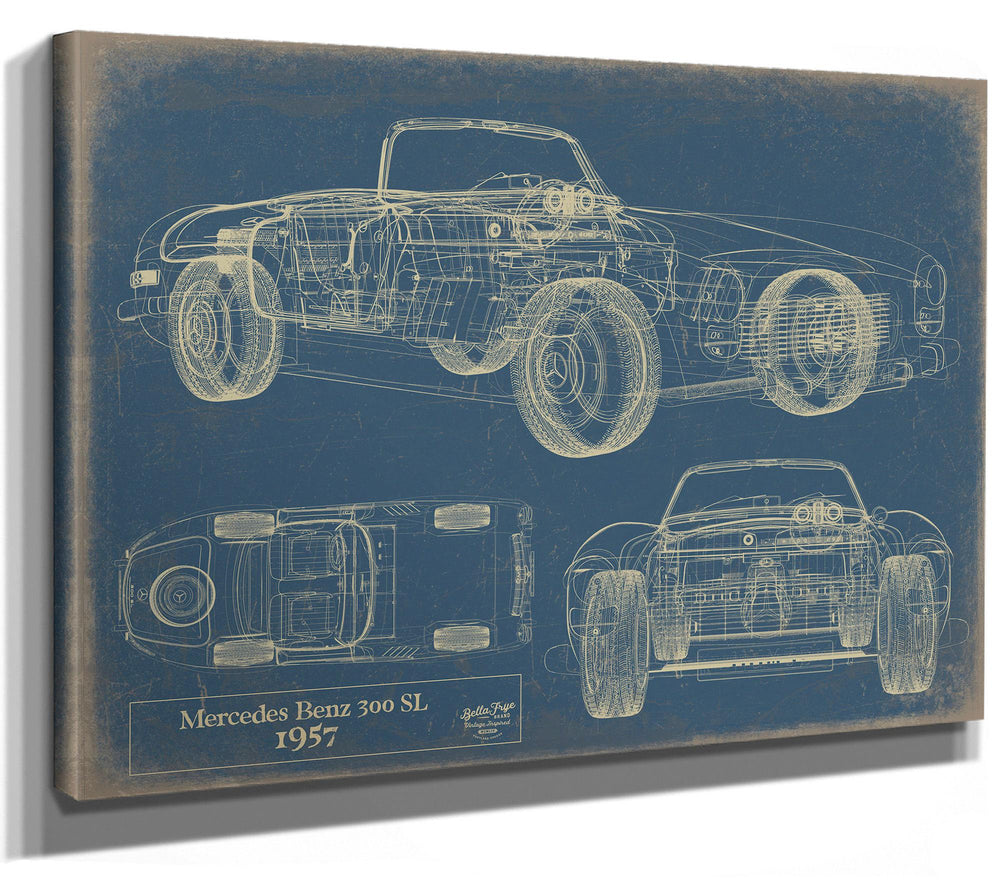 Cutler West Mercedes Benz 300 SL 1957 blueprint print on stretched canvas with top, bottom, and side views on blue background