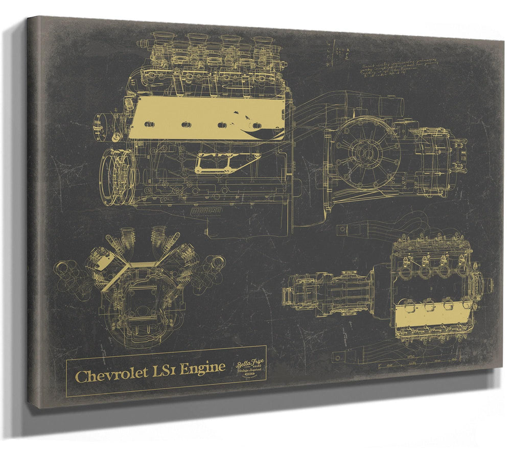 Cutler West Chevrolet LS1 Engine blueprint with multiple technical views on grey background, stretched canvas wrap