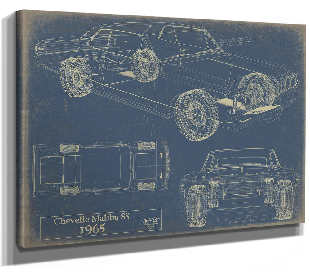 Cutler West 1965 Chevelle Malibu SS blueprint on blue background, stretched canvas wrap showing isometric and top-down views