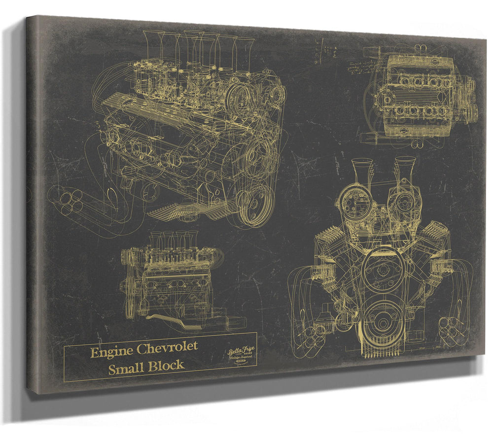Cutler West Chevrolet Small Block engine blueprint in gold on grey stretched canvas wrap showing multiple engine views