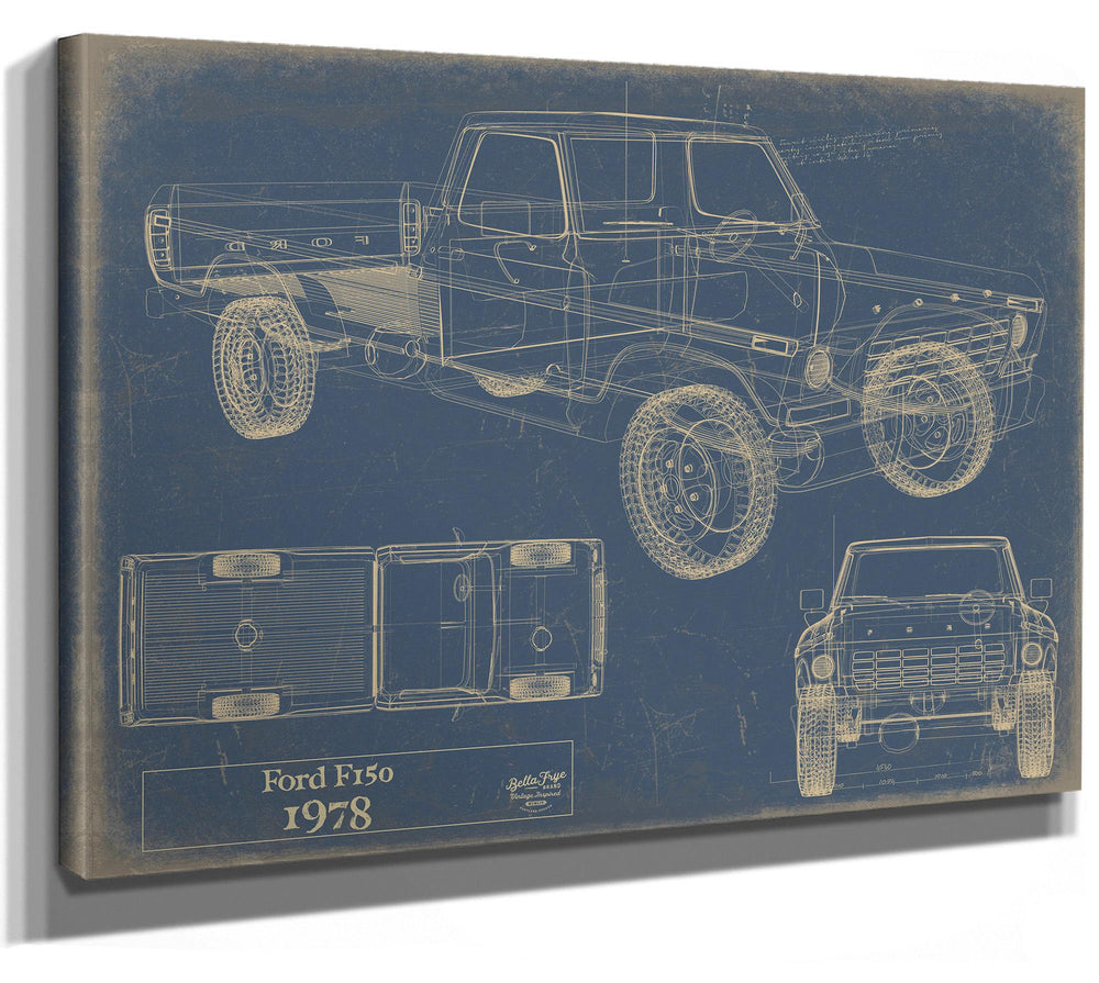 Cutler West 1978 Ford F150 blueprint print on stretched canvas wrap with side, top, and front elevation views on blue background