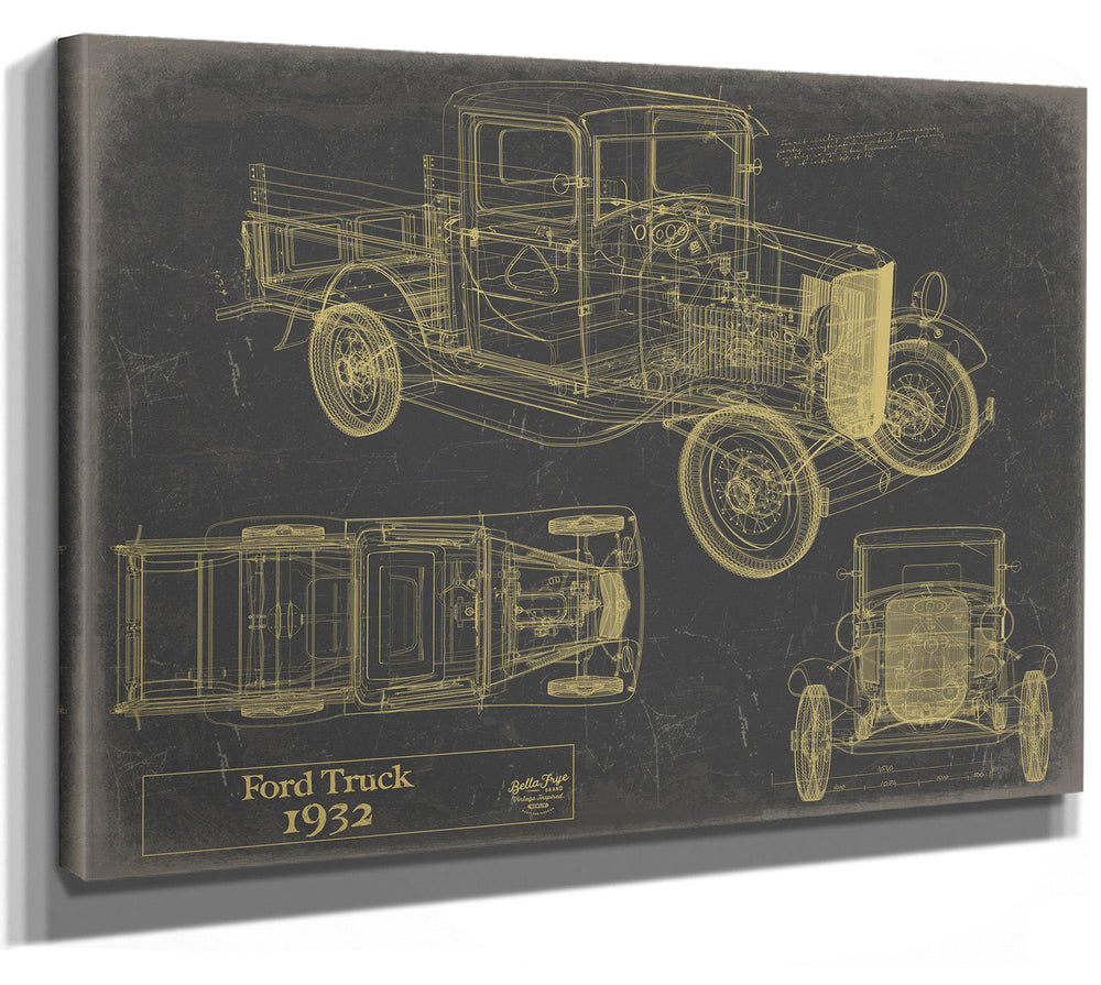 Cutler West 1932 Ford Truck blueprint with side, top, and front views on grey stretched canvas