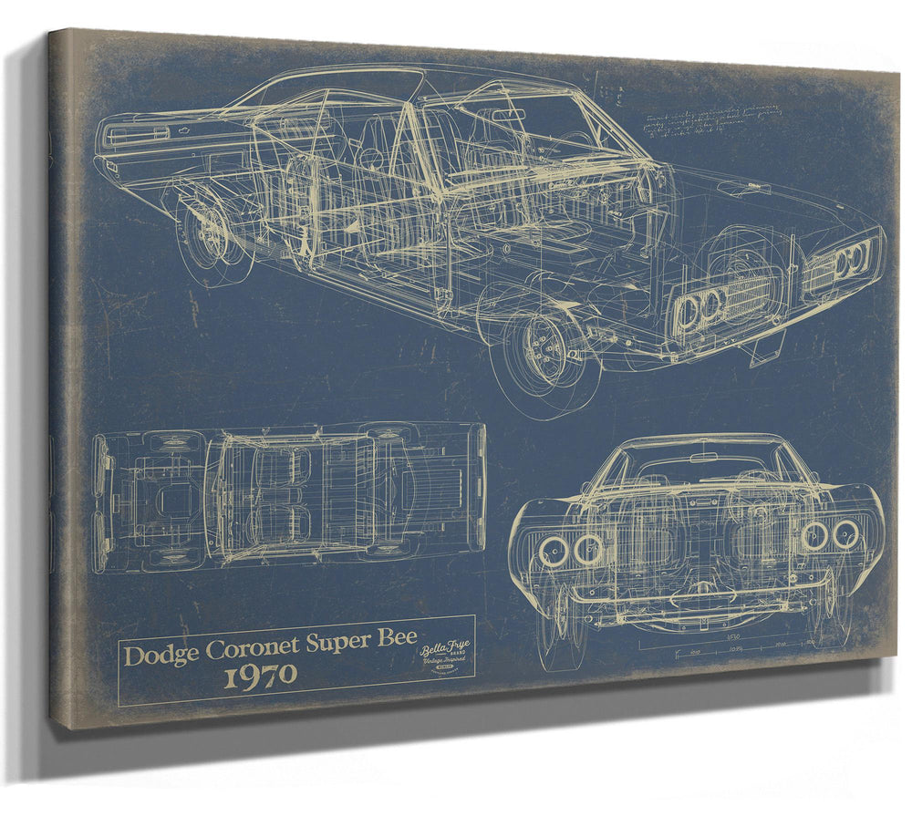 Cutler West 1970 Dodge Coronet Super Bee technical blueprint on blue background, stretched canvas wrap