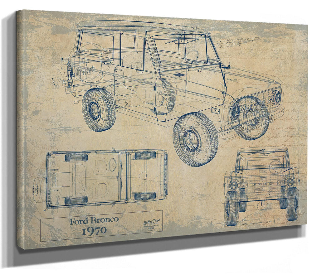 Cutler West 1970 Ford Bronco technical blueprint with multiple views on tan canvas wrap