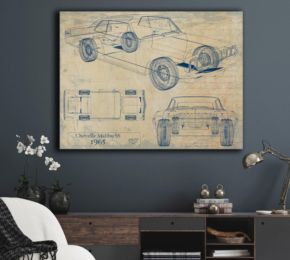 Cutler West 1965 Chevelle Malibu SS blueprint on blue background, stretched canvas wrap showing isometric and top-down views