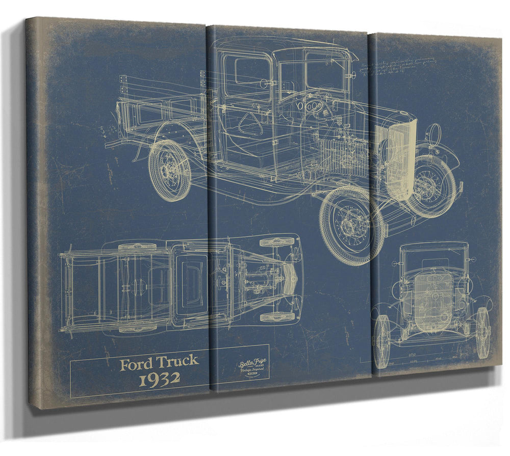 Cutler West 1932 Ford Truck blueprint with side, top, and front views on grey stretched canvas