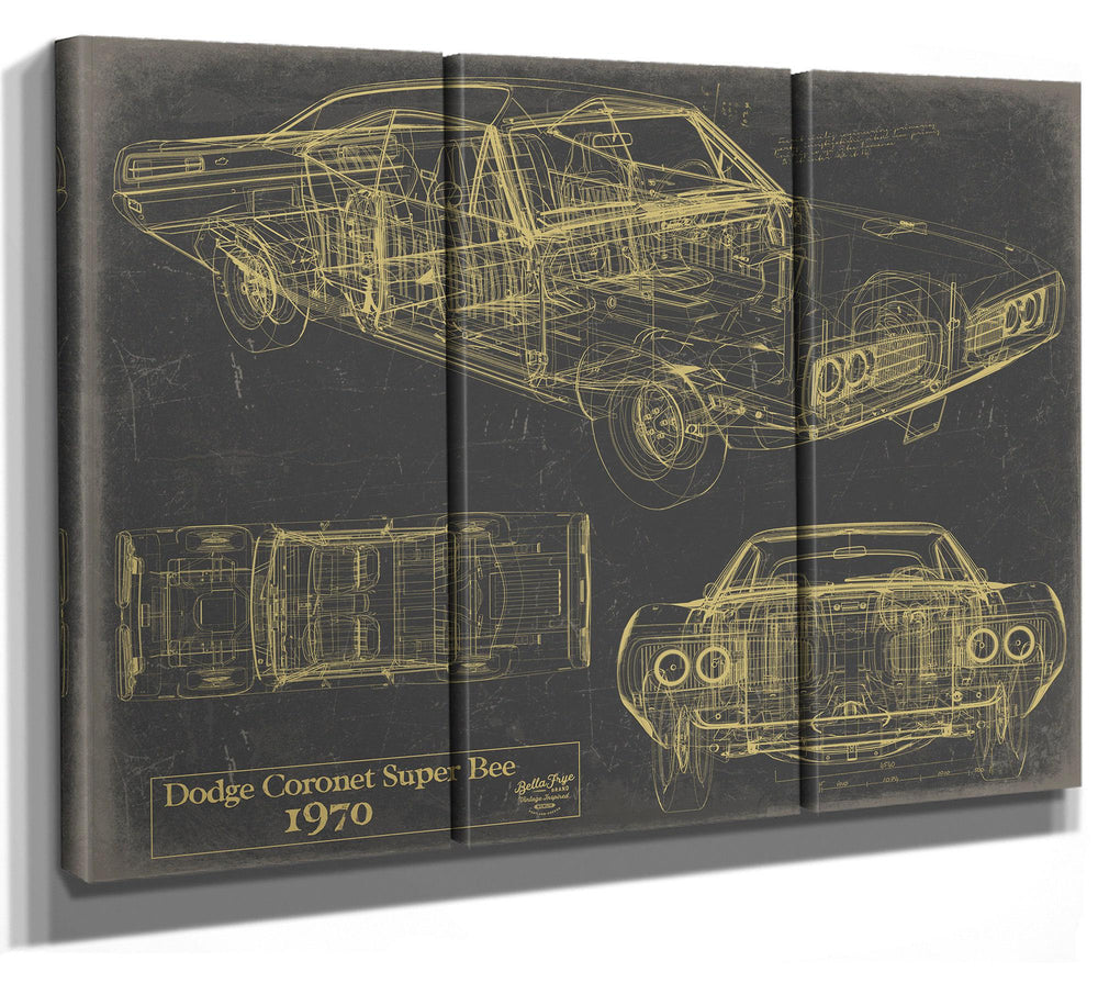 Cutler West 1970 Dodge Coronet Super Bee technical blueprint on blue background, stretched canvas wrap