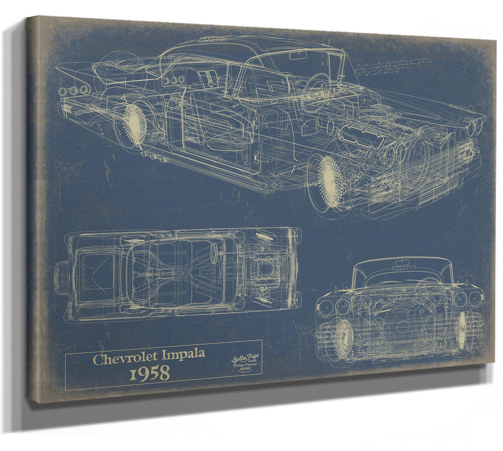 Cutler West 1958 Chevrolet Impala blueprint in grey with black wood frame, showing side elevation and top-down views