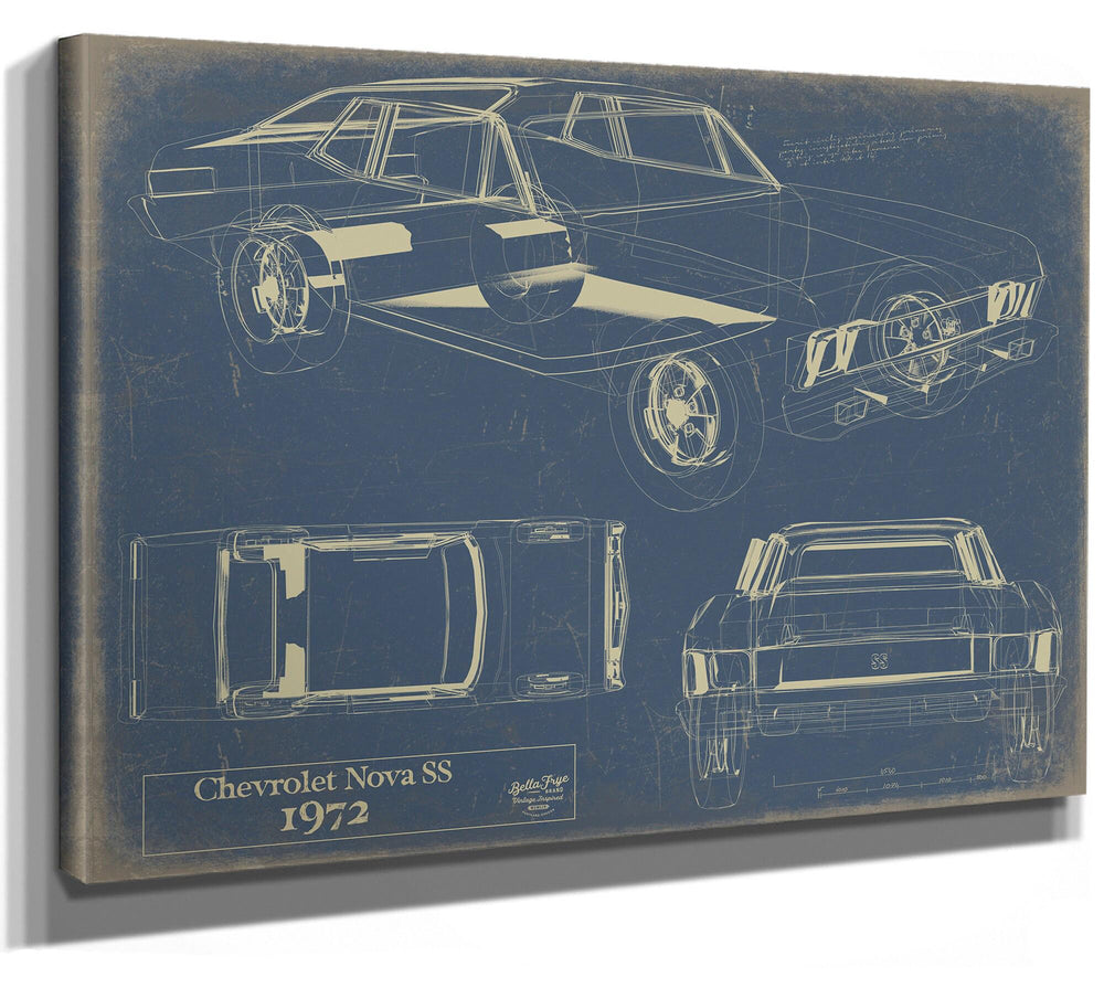 Cutler West 1972 Chevrolet Nova SS blueprint print on stretched canvas wrap with blue background showing side, top, and rear views