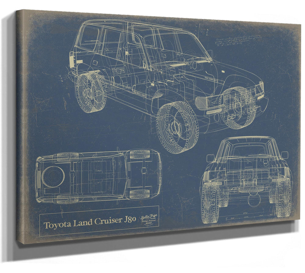 Cutler West Toyota Land Cruiser J89 blueprint art on stretched canvas wrap with blue background showing top, front, and side views
