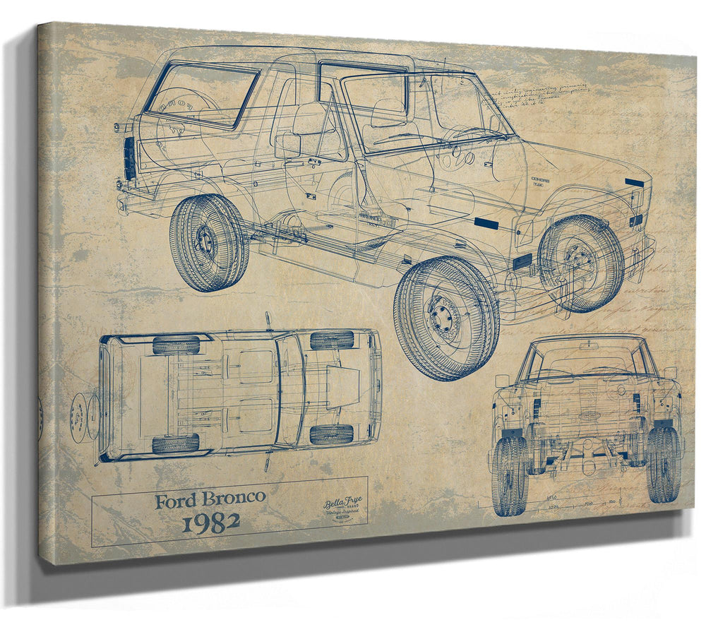 Cutler West 1982 Ford Bronco blueprint print on brown stretched canvas showing side, top, and rear views