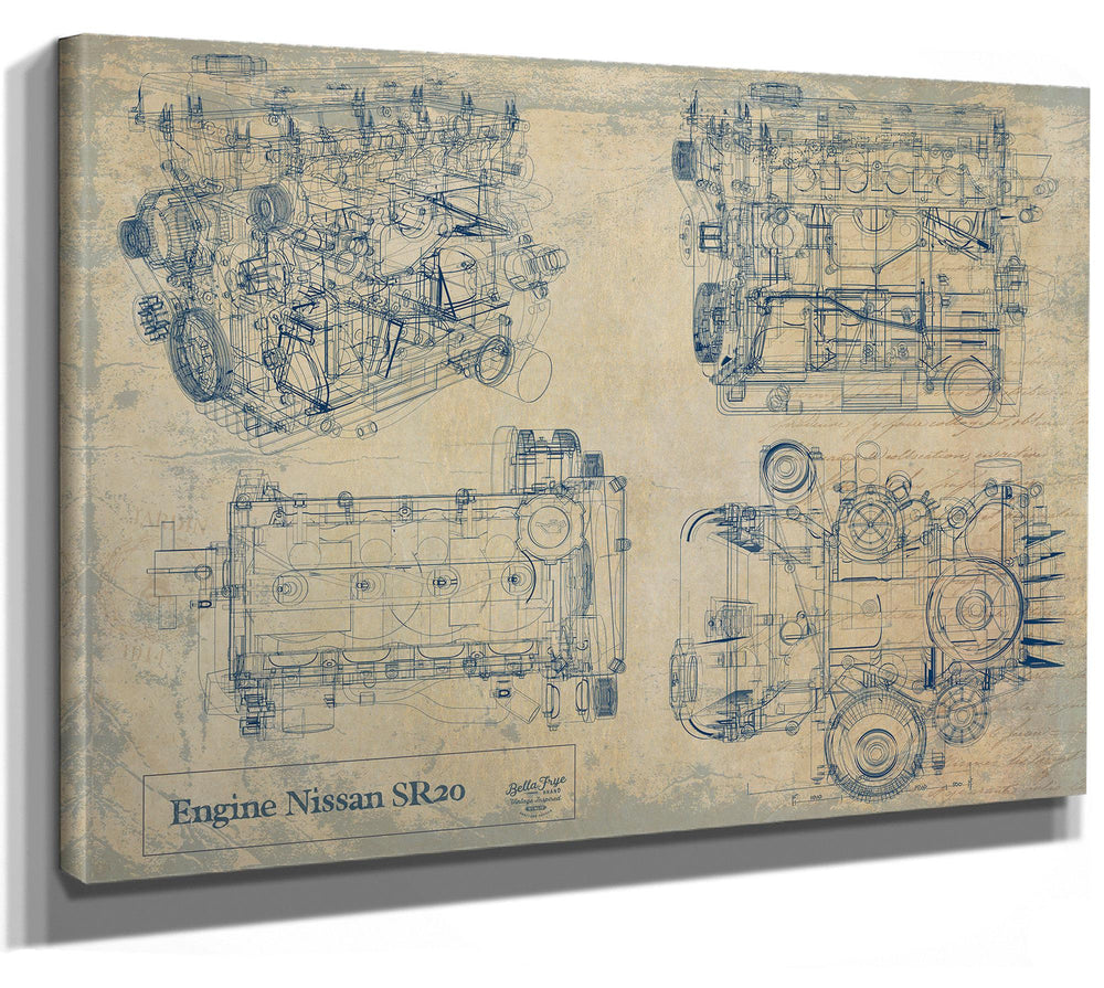 Cutler West Nissan SR20 engine blueprint technical drawings on brown canvas wrap