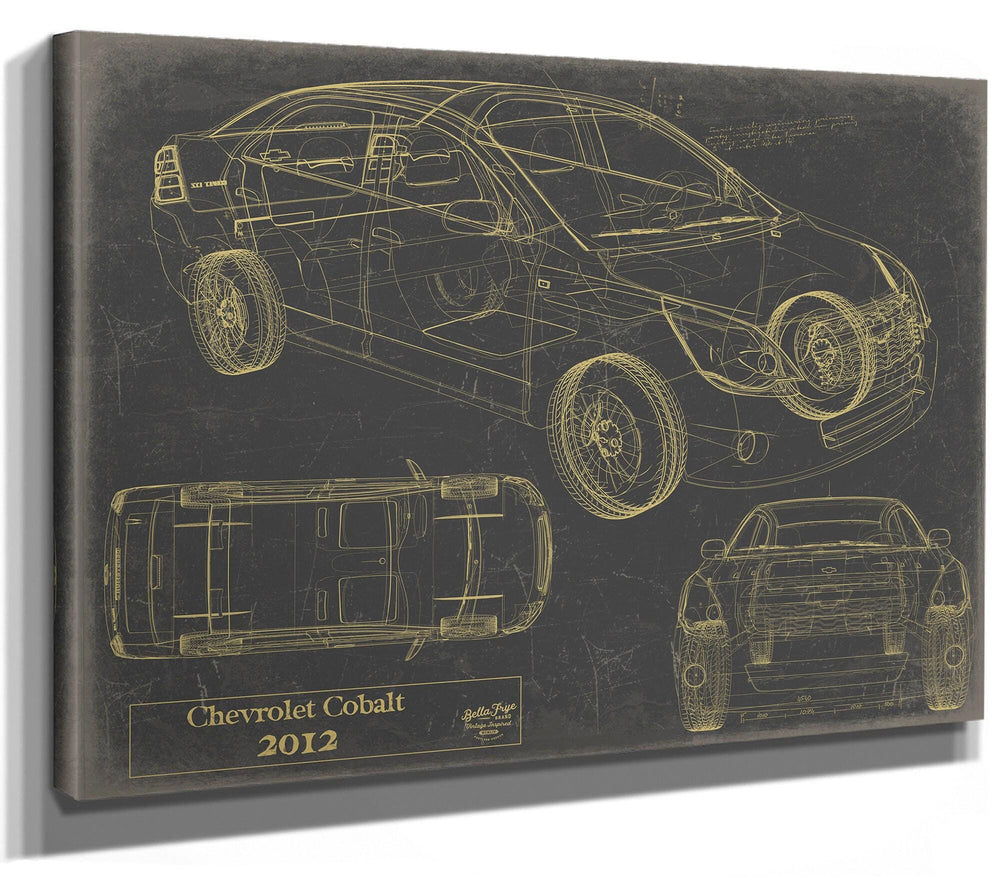 Cutler West 2012 Chevrolet Cobalt blueprint in gold on grey stretched canvas wrap showing side, top, and rear views