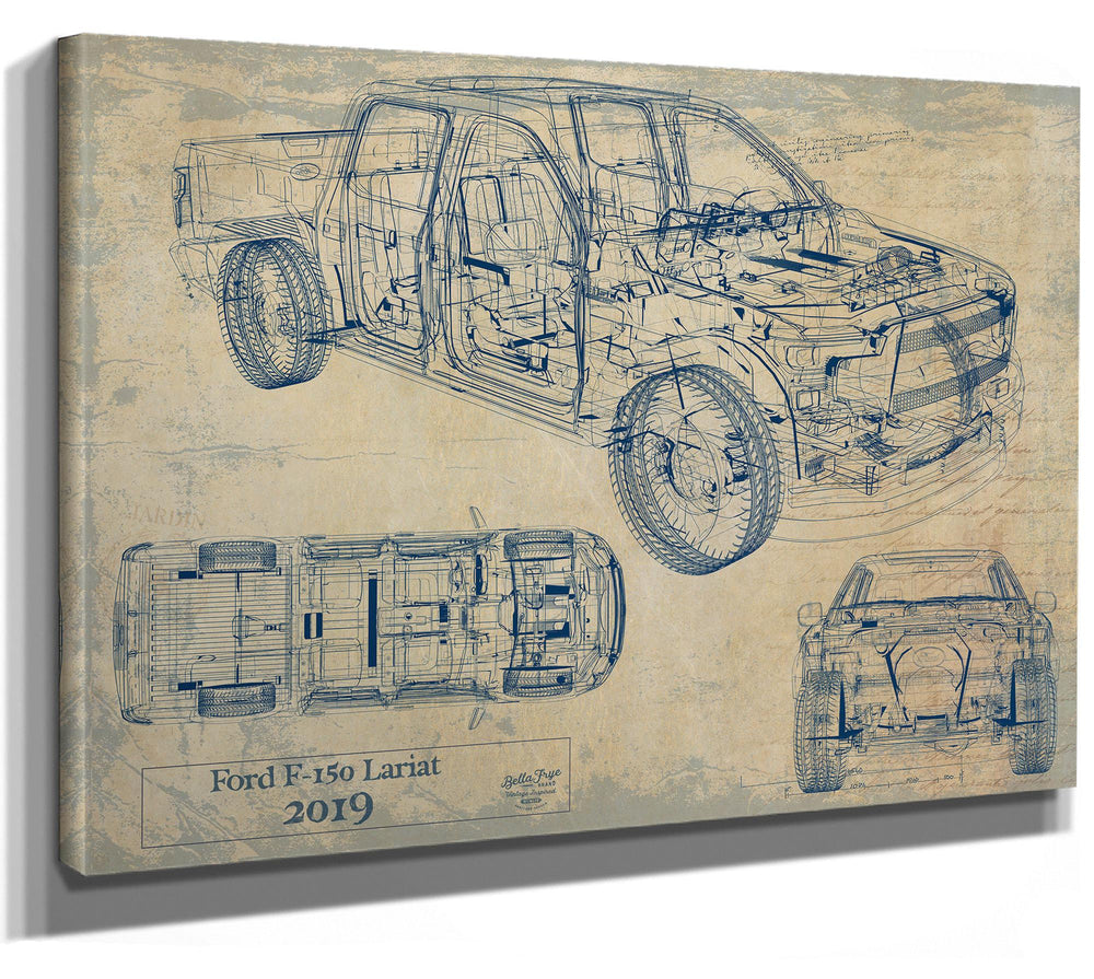 Cutler West Ford F-150 Lariat 2019 blueprint technical drawings on brown stretched canvas wrap