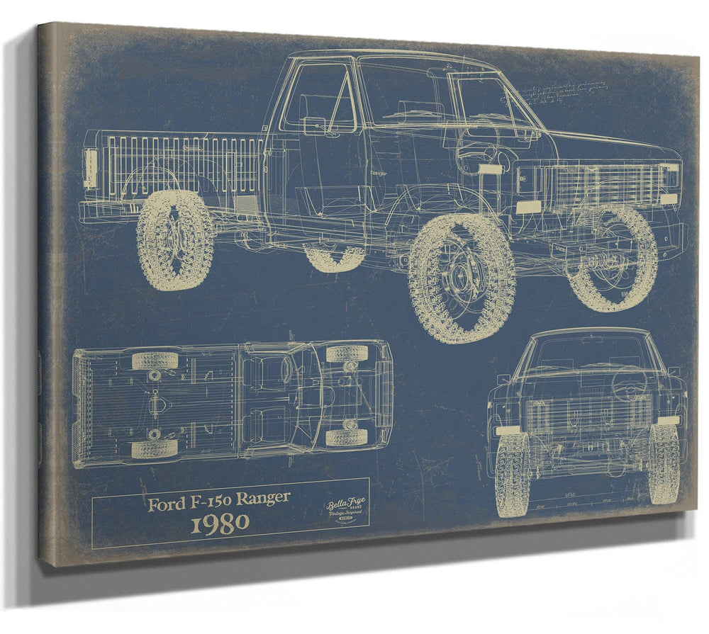Cutler West Ford F-150 Ranger 1980 blueprint with multiple vehicle views on blue background stretched canvas
