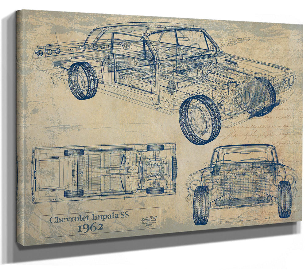 Cutler West 1962 Chevrolet Impala SS blueprint on brown canvas showing side, top, and front views