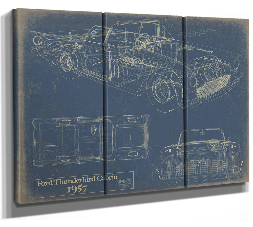 Cutler West 1957 Ford Thunderbird Convertible blueprint on blue background, three-panel canvas wrap