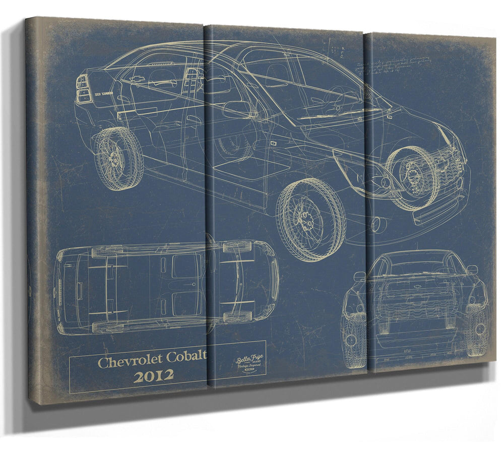Cutler West 2012 Chevrolet Cobalt blueprint in gold on grey stretched canvas wrap showing side, top, and rear views
