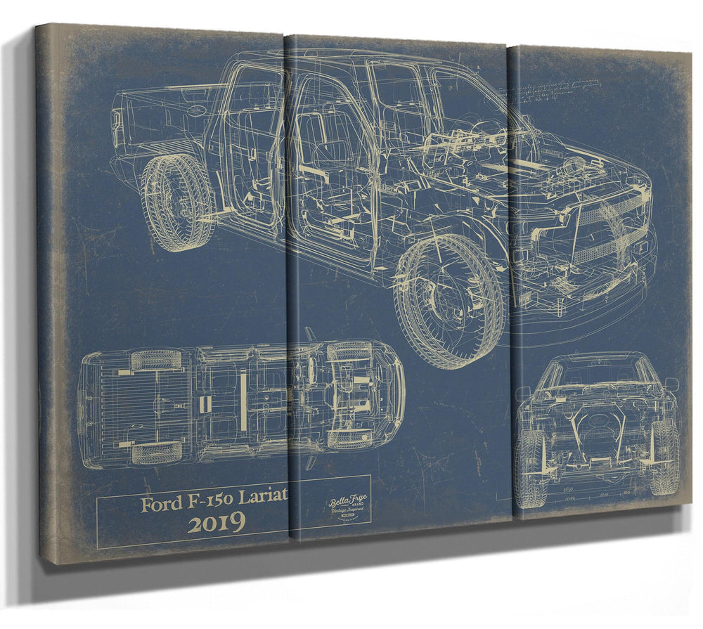 Cutler West Ford F-150 Lariat 2019 blueprint technical drawings on brown stretched canvas wrap