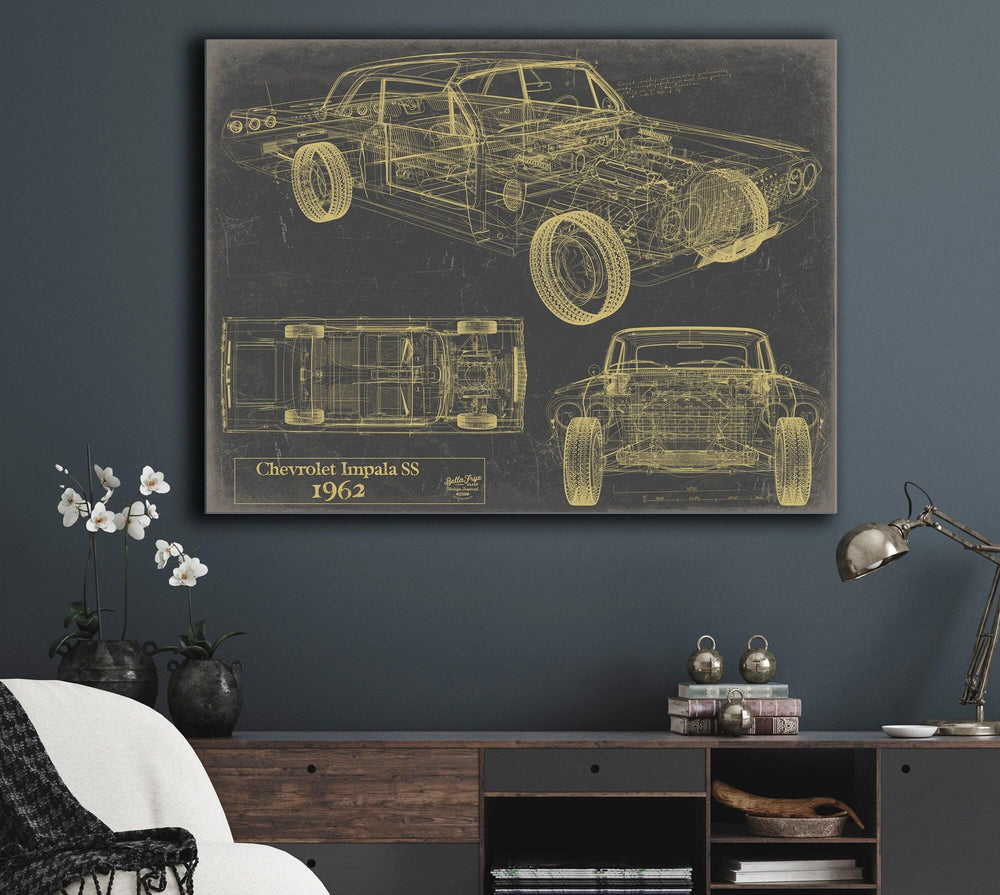 Cutler West 1962 Chevrolet Impala SS blueprint on brown canvas showing side, top, and front views