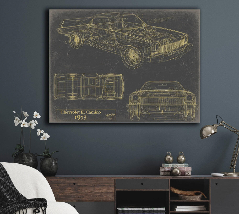 Cutler West 1973 Chevrolet El Camino blueprint with side, top, and front views on blue stretched canvas