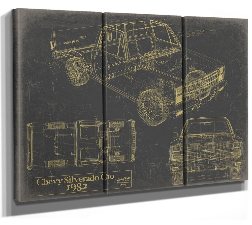Cutler West 1982 Chevy Silverado C10 blueprint with three-view technical drawing on blue background, stretched canvas