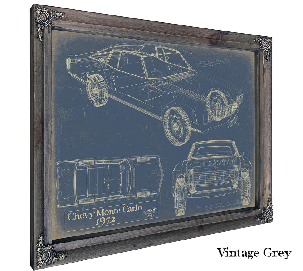 Cutler West 1972 Chevy Monte Carlo blueprint print with three vehicle views in vintage grey frame