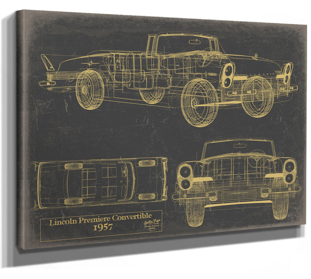 Cutler West 1957 Lincoln Premiere Convertible blueprint in gold on grey stretched canvas wrap