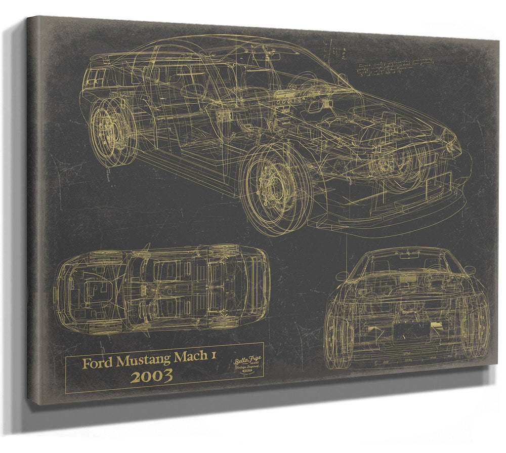 Cutler West Ford Mustang Mach 1 2003 technical blueprint with side, top, and front views on grey stretched canvas