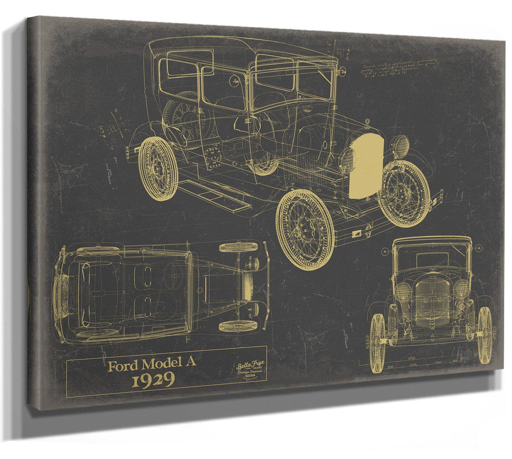 Cutler West Ford Model A 1929 technical blueprint with multiple vehicle views on grey stretched canvas