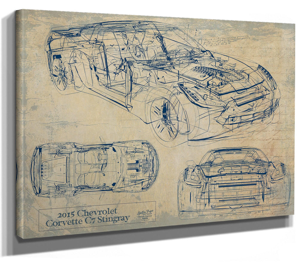 Cutler West 2015 Chevrolet Corvette C7 Stingray technical blueprint on brown stretched canvas with side, top, and front views