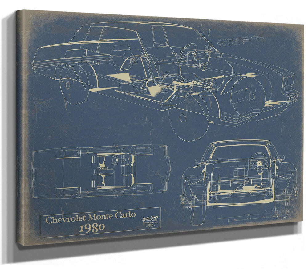 Cutler West 1980 Chevrolet Monte Carlo blueprint print on blue stretched canvas showing cross-section and elevation views