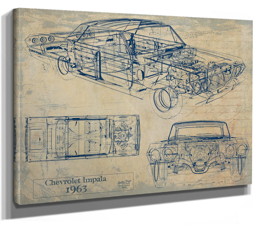 Cutler West 1963 Chevrolet Impala technical blueprint drawing on brown canvas wrap showing side, top, and front views