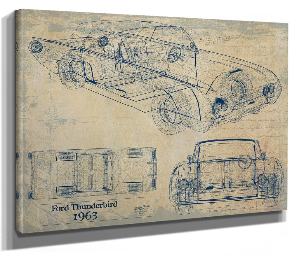 Cutler West 1963 Ford Thunderbird blueprint with top, front, and side elevation views on tan canvas wrap